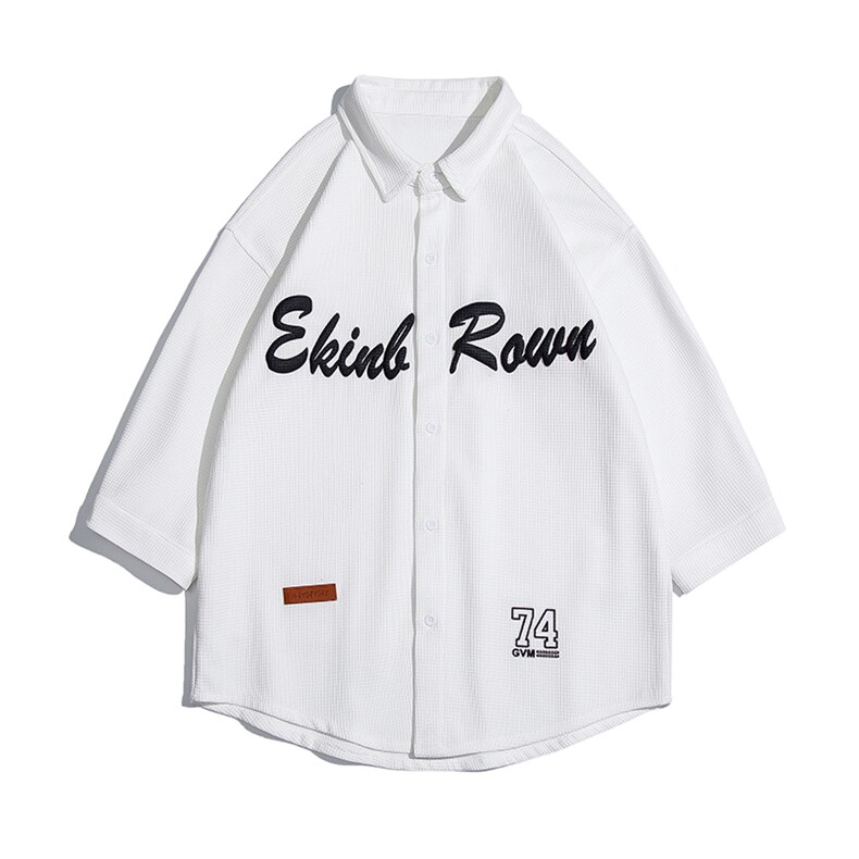 1白底华夫格大码M-5XL日系潮流情侣七分袖衬衫男QCS7010P45控59，男装衬衫，星座226-2