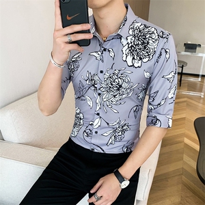 312A-114-P55 2025新款韩版修身帅气花衬衫英伦时尚男士衬衣A图片