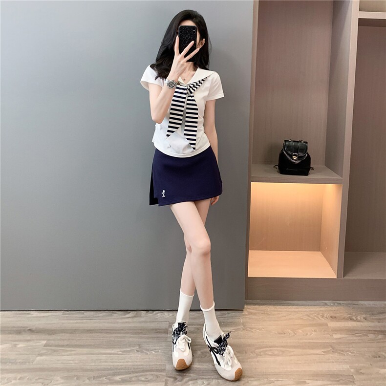 时尚运动套装裙女夏新款俏皮可爱蝴蝶结海军领短袖上衣裤裙两件套,女装套装/套裙,江南