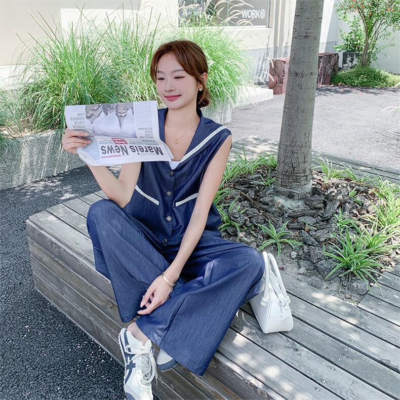 设计感海军领无袖马甲高腰阔腿裤套装女2025夏新款时尚显瘦两件套,女装套装/套裙,2D080