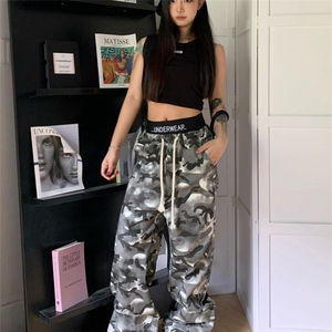 美式迷彩裤女夏季双腰头拖地休闲裤设计感直筒阔腿裤宽松帆布裤子图片