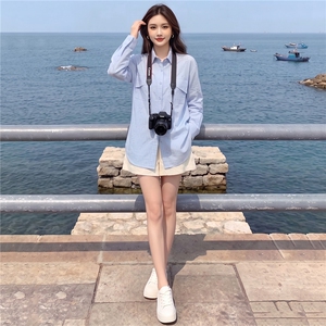 女款春秋新款设计感纯色翻领百搭单排扣宽松时尚简约小个子衬衣潮图片