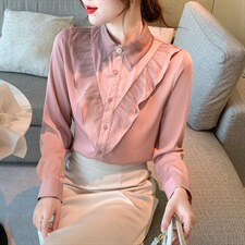 春季新款气质荷叶边雪纺衫衬衫轻熟小衫仙女长袖上衣,女装蕾丝衫/雪纺衫,美吧服饰