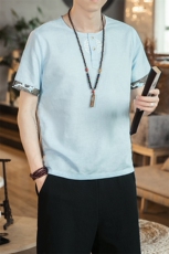 夏季新款男风棉麻刺绣短袖上衣亚麻透气T恤蓝色T16咖啡厅，男装T恤，电商B277(原6028)
