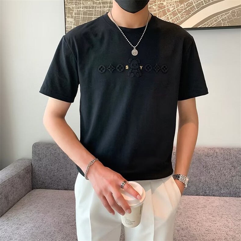 轻奢小熊图立体压印T恤男夏季丝光罗马针织透气短袖衫T564,男装T恤,星座1116A-2（原606A-1）