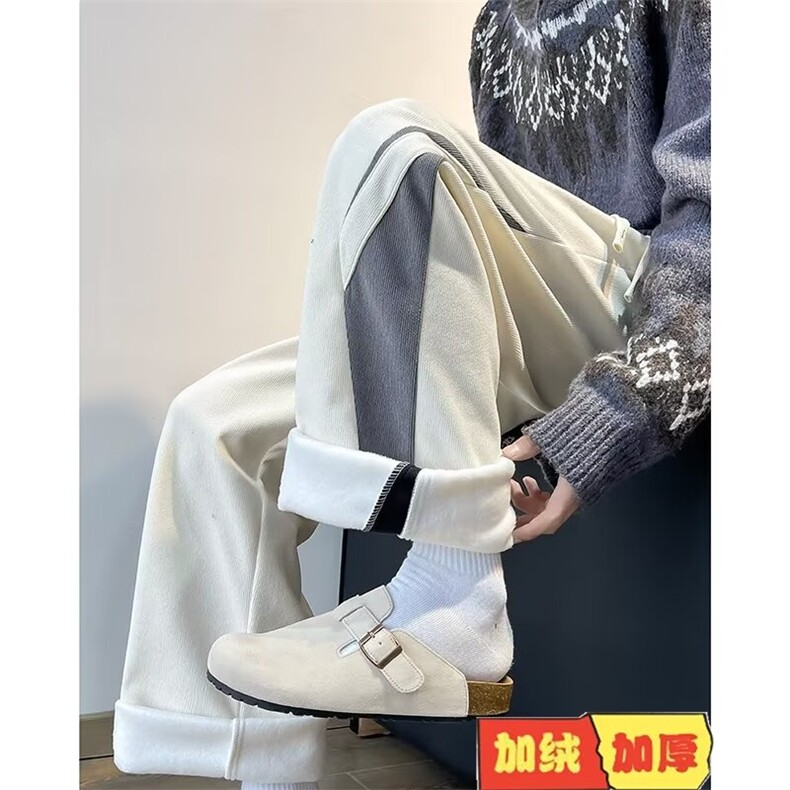 加绒加厚冬款男灯芯绒休闲裤条纹拼色直筒保暖长裤h0060P45，男装休闲裤，星座1013-1