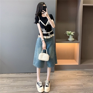高级感时尚减龄套装女夏设计感蕾丝拼接假两件上衣牛仔中裤两件套图片
