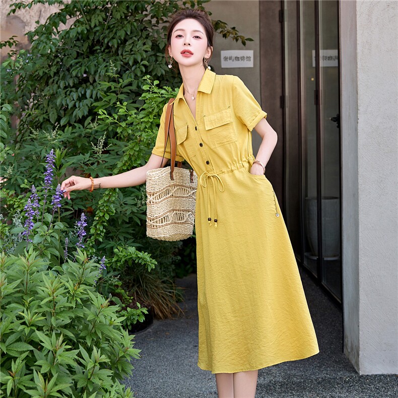 气质显瘦连衣裙女夏季2025新款休闲遮肚高端别致法式黄色a字裙子,女装连衣裙,意芙