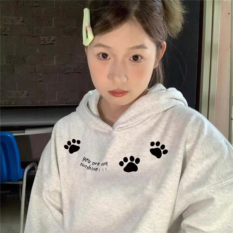 C0240-P55 秋冬印花卫衣女 趣味猫爪连帽宽松上衣 可搭情侣图片