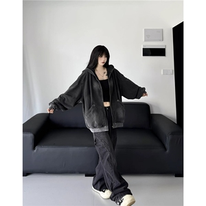 美式复古水洗做旧连帽拉链卫衣男女2025秋季新款宽松百搭外套上衣图片