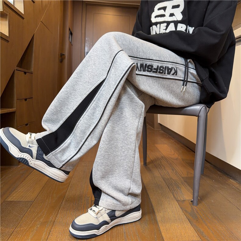 美式复古格子拼接运动裤男直筒休闲裤阔腿卫裤K25101*P45控78,男装休闲裤,星座227-1