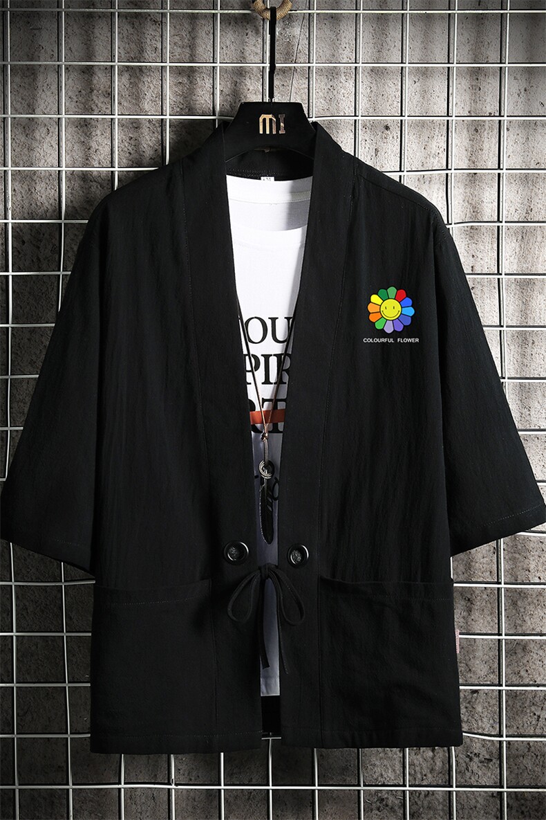HF59101-P40风汉服男开衫外套七分袖道袍网格挂拍,男装民族服装,电商A040A