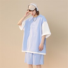 中性2023夏季新款华夫格宽松拼色运动风情侣套装TZ611P75控98，男装休闲套装，A247A