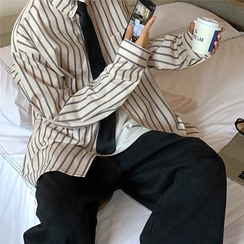 21条纹衬衫男士港风日系长袖潮牌休闲衬衣CS715P45控68,男装衬衫,电商B413-1