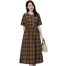现货，2022夏装新款短袖棉麻格子长款连衣裙，女装连衣裙，依万里