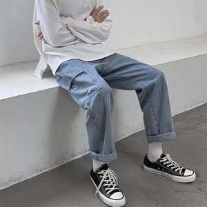 现货主推秋冬宽松直筒港风中性百搭阔腿九分男牛仔裤NZ401-P35图片