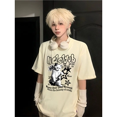 抖音得物供货210克现货宽松纯棉美式潮牌印花落肩袖纯棉T恤AT2142，男装T恤，电商A443