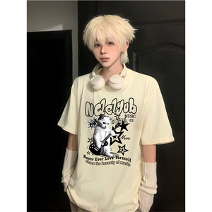 抖音得物供货210克现货宽松纯棉美式潮牌印花落肩袖纯棉T恤AT2142图片