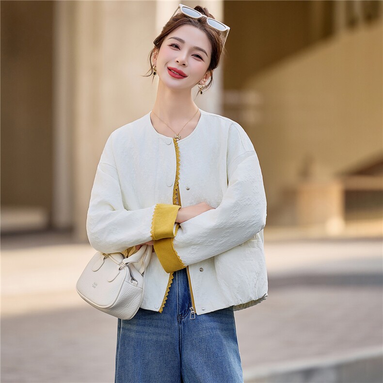 2026春秋撞色花边短外套女圆领提花宽松洋气中年妈妈休闲夹克上衣,女装短外套,余墨