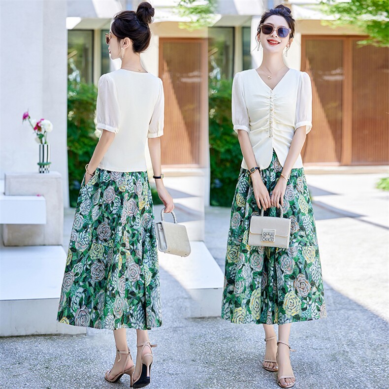 2024夏季新款优雅淑女印花半裙套装时尚显瘦气质两件套，女装套装/套裙，魅丽静蓝