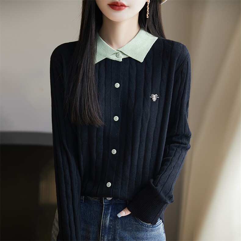 POLO领精纺羊毛开衫女拼色扭花蜜蜂刺绣针织毛衣宽松百搭外套上衣，女装针织衫/毛衣，暖烁羊绒