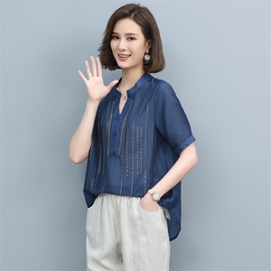 时尚休闲镶钻V领上衣女夏季新款宽松显瘦短袖雪纺衫气质百搭衬衣图片