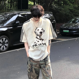 抖音得物高品质二开240克宽松纯棉美式潮牌三条杠织带短袖T恤图片