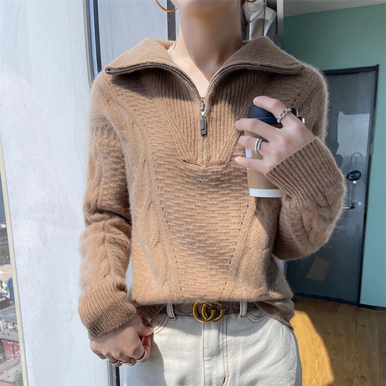 重磅加厚半开领拉链100%羊毛衫女翻领扭花长袖毛衣宽松羊绒衫打底,女装羊毛衫,百越羊绒
