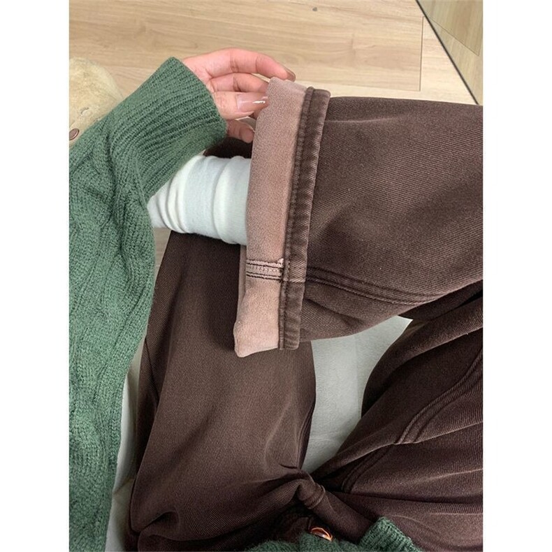 美拉德咖色加绒牛仔裤女秋冬新款复古高腰直筒裤显百搭拖地裤子,男装牛仔裤,星座1210-1