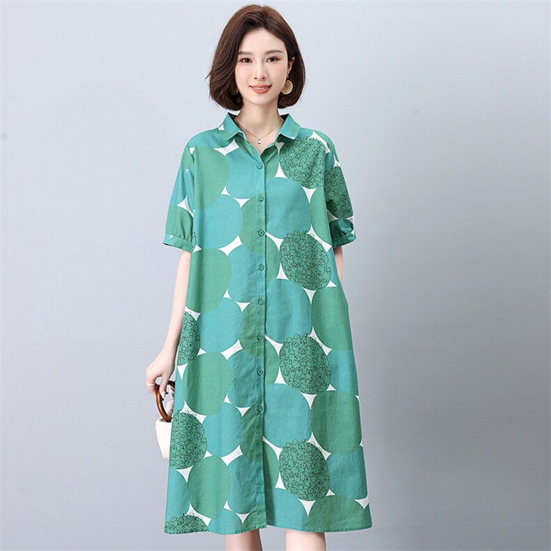 桑蚕丝印花提花春绿色圆领短袖尖型下摆清爽淑女风真丝连衣裙,女装连衣裙,江忆布依
