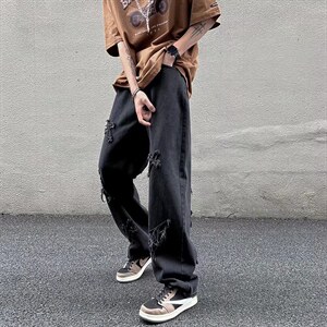 wassuphappy水洗黑色牛仔裤子男春秋夏季2025新款宽松休闲阔腿裤