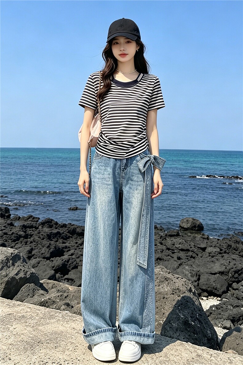慵懒风时尚休闲套装女夏季新款圆领条纹短袖上衣烫钻牛仔裤两件套,女装套装/套裙,江南