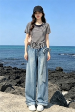 慵懒风时尚休闲套装女夏季新款圆领条纹短袖上衣烫钻牛仔裤两件套，女装套装/套裙，江南