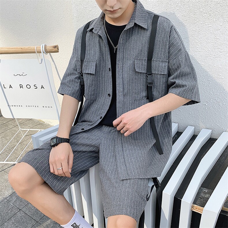 条纹休闲套装男2021夏季新款潮流短袖衬衫两件套DS775TP65，男装衬衫，电商A102