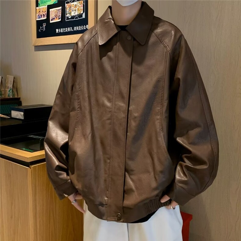 褶皱设计感男士外套春秋季青少年宽松翻领皮夹克MJK40P70,男装夹克,星座1116-2