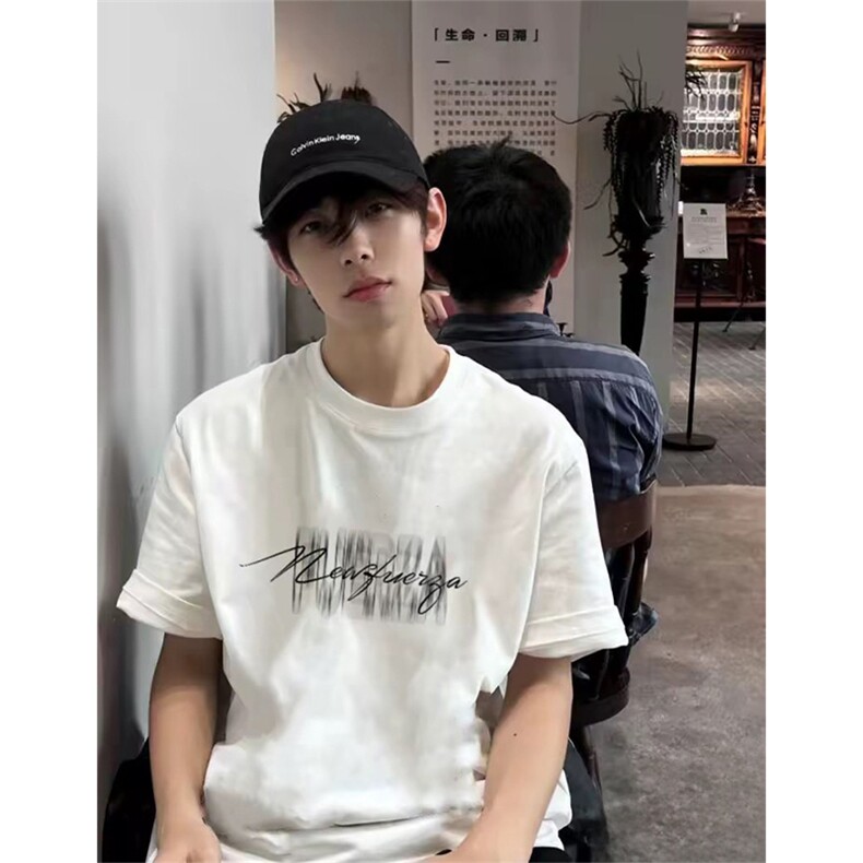 抖音得物供货210克现货宽松纯棉美式潮牌印花落肩袖纯棉T恤AT2160,男装T恤,电商A443