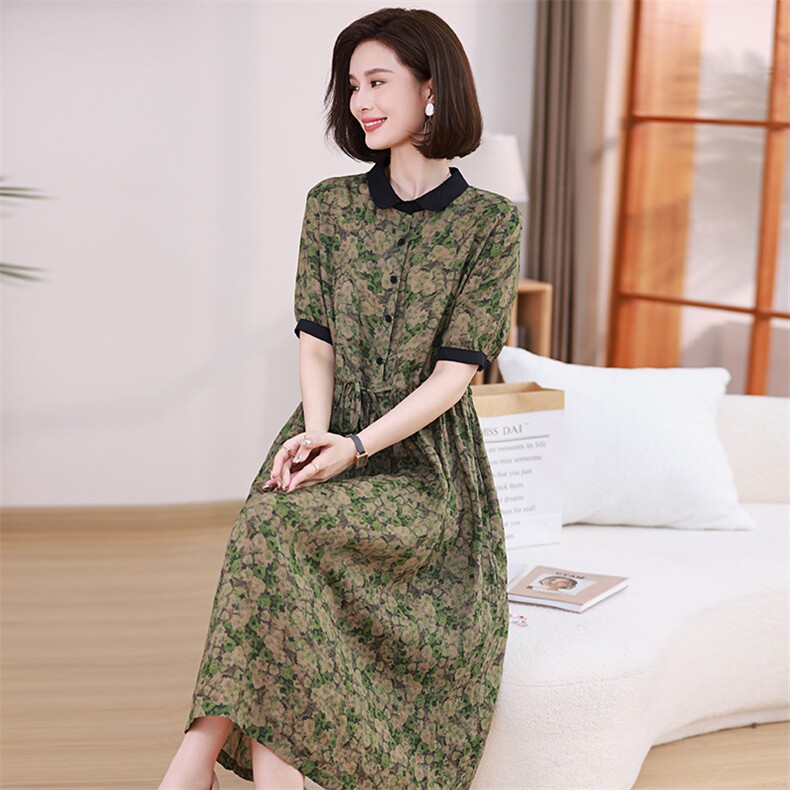 碎花polo领苎麻连衣裙2024新款女夏季高端气质收腰棉麻中年妈妈装,女装连衣裙,凝聚力