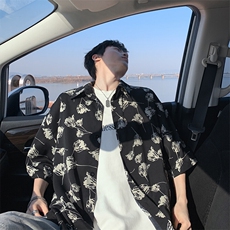 特批P25无差价夏季潮流翻领冰丝凉感宽松五分短袖花衬衫男CD5479，男装衬衫，电商A001-1