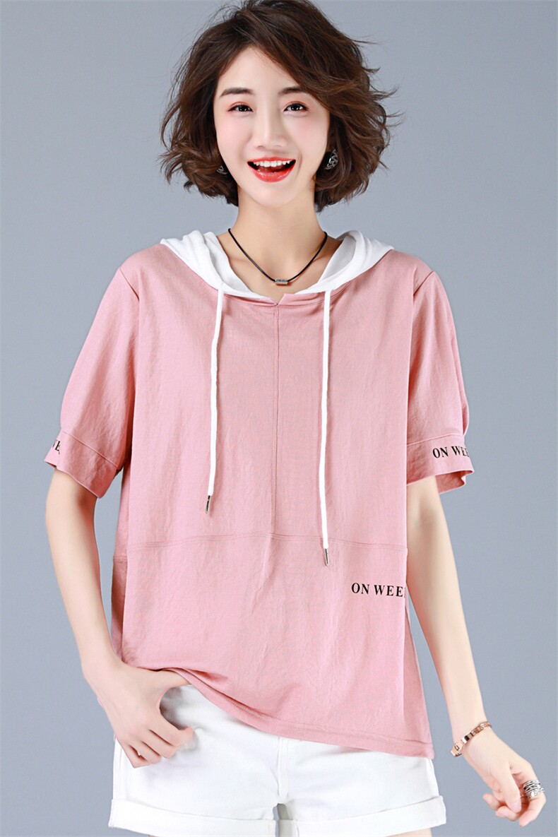 连帽宽松短袖通勤T恤2021年夏季潮流时尚百搭韩版，女装T恤，丽影随形