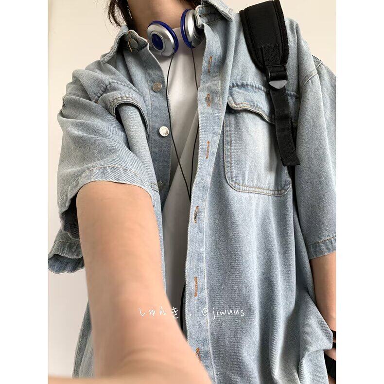 夏日系水洗做旧短袖牛仔衬衫复古潮牌翻领工装衬衣外套XCS48图片