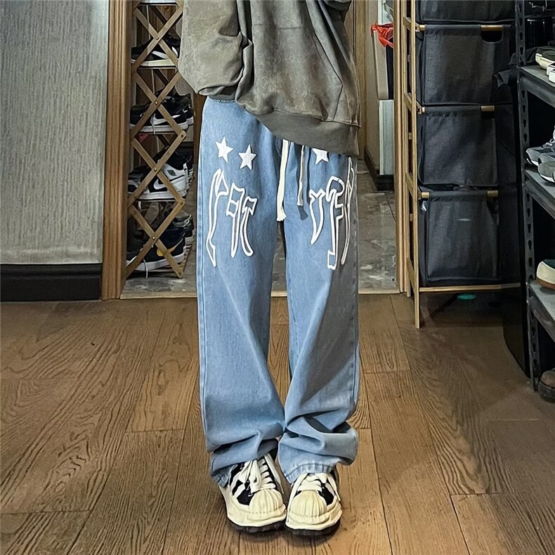 美式高街牛仔裤男韩版潮流字母印花2023秋冬季ins长裤RK1045-P42,男装牛仔裤,星座412-3