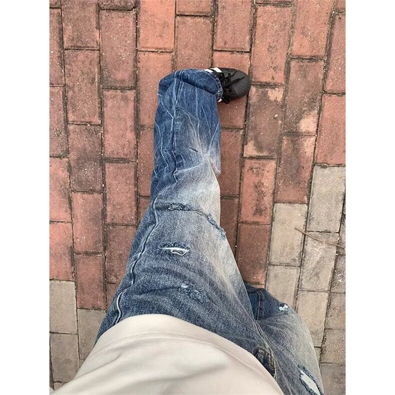 网图直筒牛仔裤女复古蓝色显瘦修身设计感小众美式高街烟管拖地裤,男装牛仔裤,星座601-1