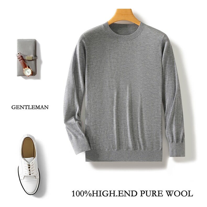 高品质男士秋冬新款精纺纯色圆领套头羊毛衫简约百搭舒适保暖，男装羊毛衫，邓利维