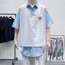夏季短袖衬衫潮流帅气休闲衬衫假两件小熊衬衣CS03P40，男装衬衫，星座1116-2
