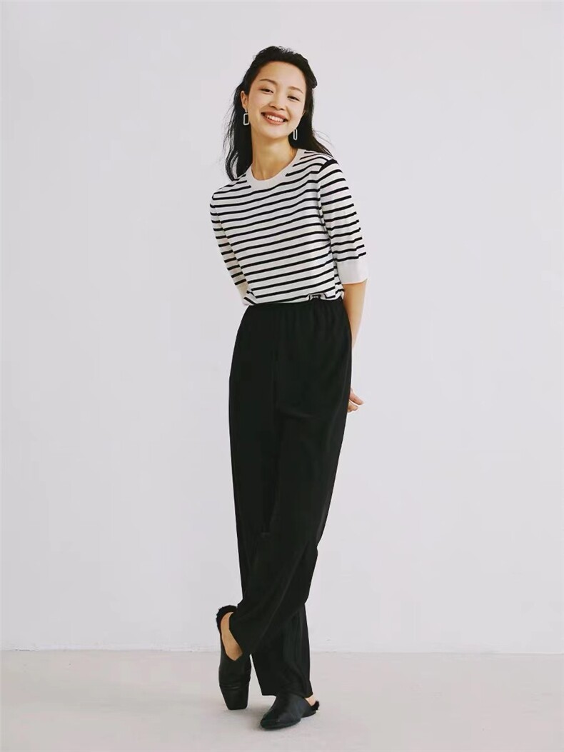 时尚减龄条纹短袖精纺仿羊毛针织衫显瘦百搭女款上衣,针织衫/毛衣,雪真羊绒