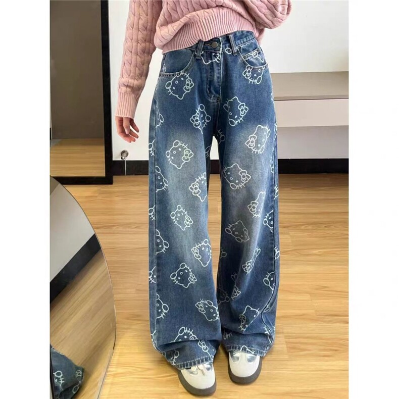 kitty印花牛仔裤女春秋季2025新款可爱甜美卡通高腰宽松拖地裤子,男装牛仔裤,星座506A