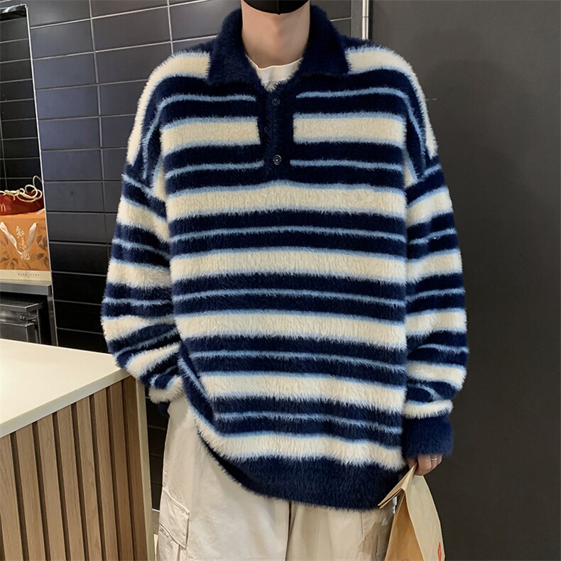 秋款男POLO领毛衣条纹拼色针织衫仿水貂外套M50 P65图片