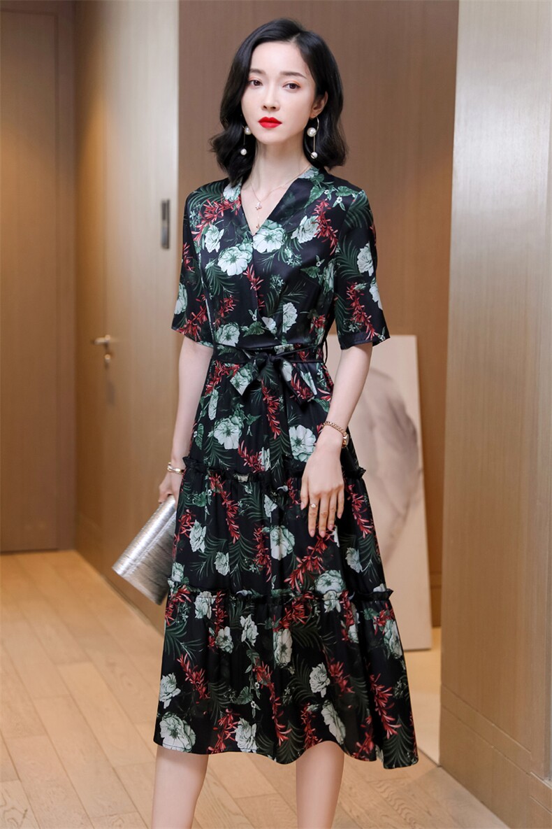 重磅真丝连衣裙女裙子夏装v领收腰系带短袖桑蚕丝中长裙印花显瘦,女装连衣裙,阿舍尔精品