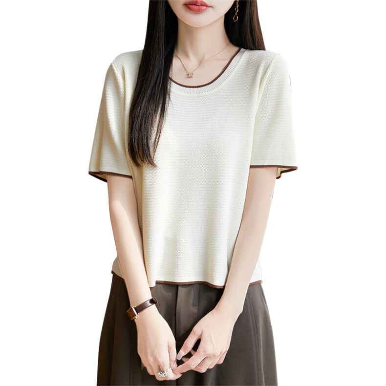 冰丝针织短袖T恤女2025夏新款撞色洋气减龄宽松显瘦打底t恤小衫薄,女装T恤,绒汀羊绒