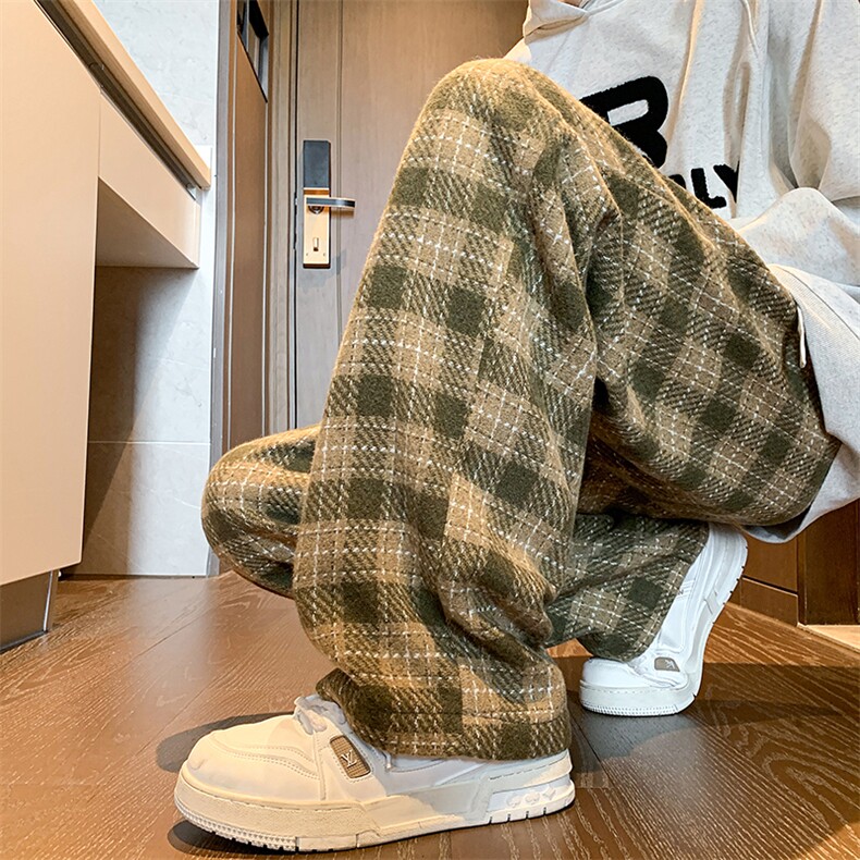 8XL-M特大码加厚毛呢料格子休闲裤宽松男裤毛呢裤K946P60加绒P70,男装休闲裤,电商D206-1